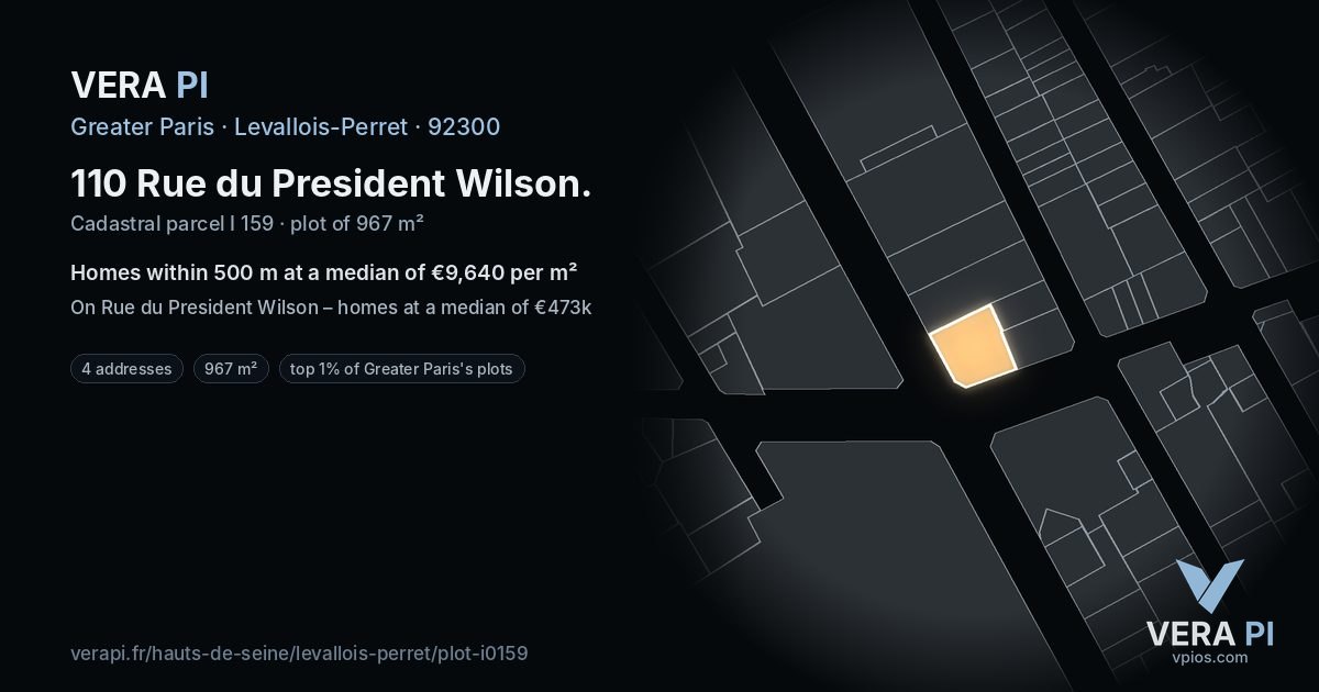 110 Rue du President Wilson, Levallois-Perret at night – the plot lit, the parcels around coloured by the prices near them
