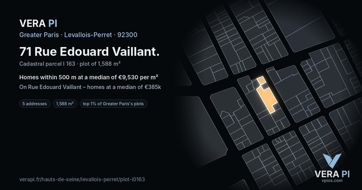 71 Rue Edouard Vaillant, Levallois-Perret at night – the plot lit, the parcels around coloured by the prices near them