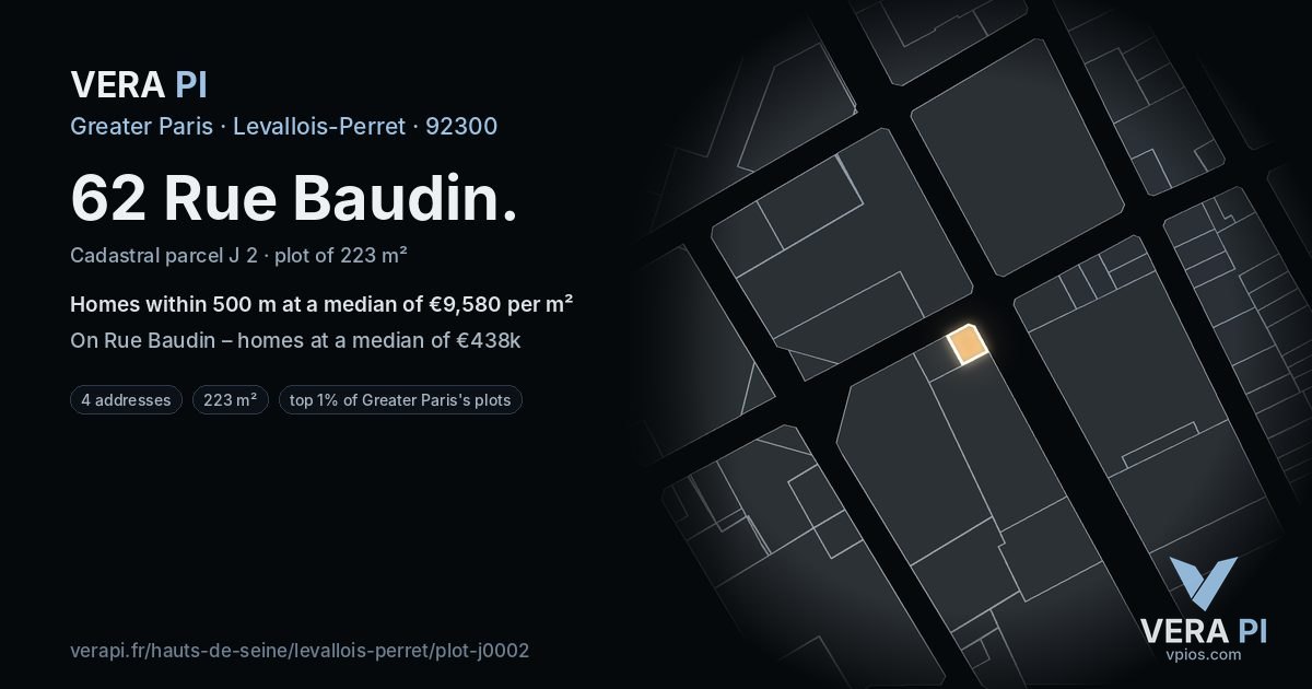 62 Rue Baudin, Levallois-Perret at night – the plot lit, the parcels around coloured by the prices near them