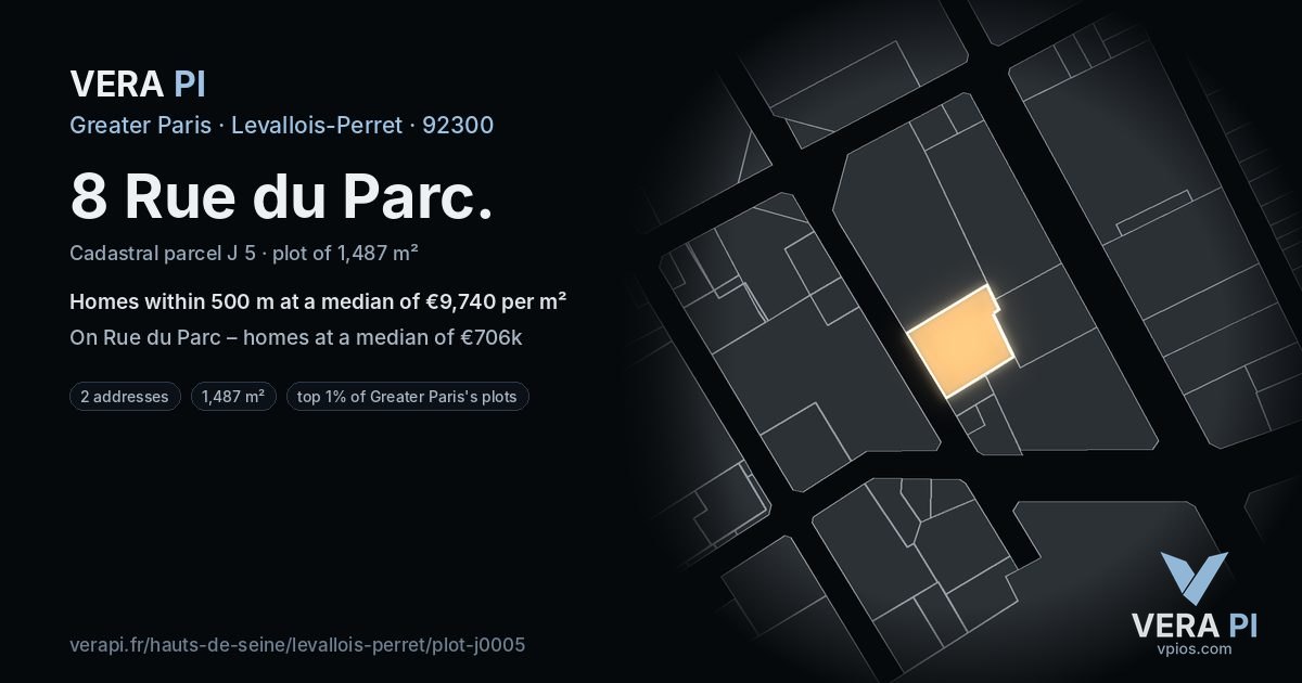 8 Rue du Parc, Levallois-Perret at night – the plot lit, the parcels around coloured by the prices near them
