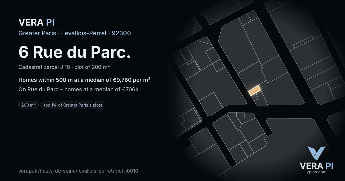 6 Rue du Parc, Levallois-Perret at night – the plot lit, the parcels around coloured by the prices near them