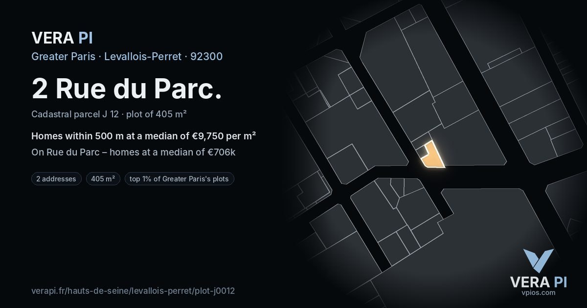 2 Rue du Parc, Levallois-Perret at night – the plot lit, the parcels around coloured by the prices near them