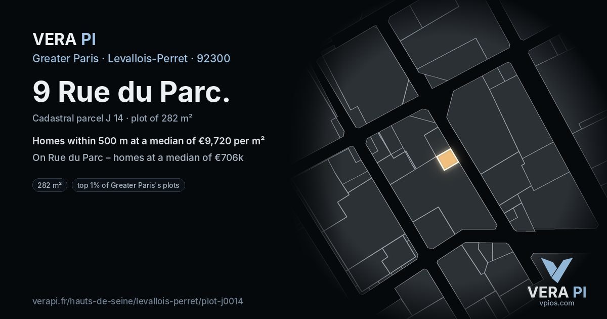 9 Rue du Parc, Levallois-Perret at night – the plot lit, the parcels around coloured by the prices near them