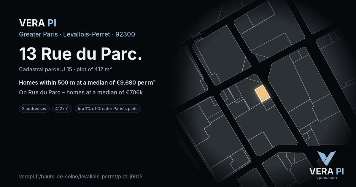 13 Rue du Parc, Levallois-Perret at night – the plot lit, the parcels around coloured by the prices near them