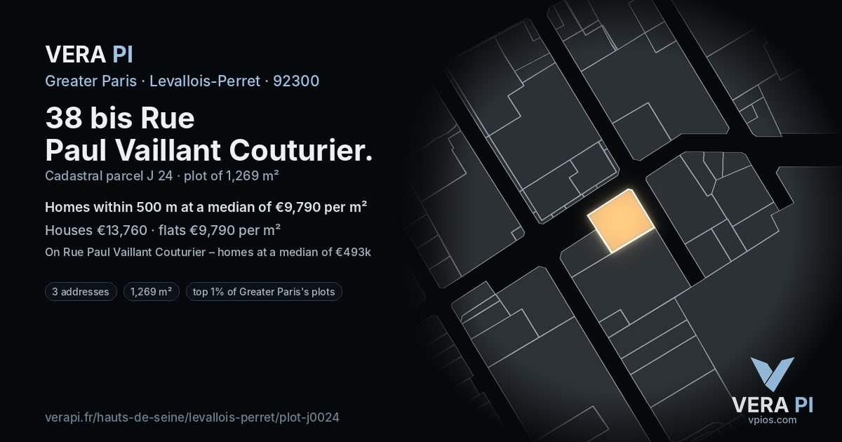 38 bis Rue Paul Vaillant Couturier, Levallois-Perret at night – the plot lit, the parcels around coloured by the prices near them