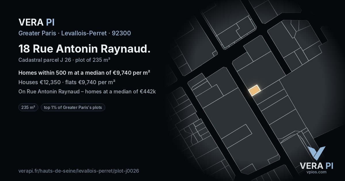 18 Rue Antonin Raynaud, Levallois-Perret at night – the plot lit, the parcels around coloured by the prices near them