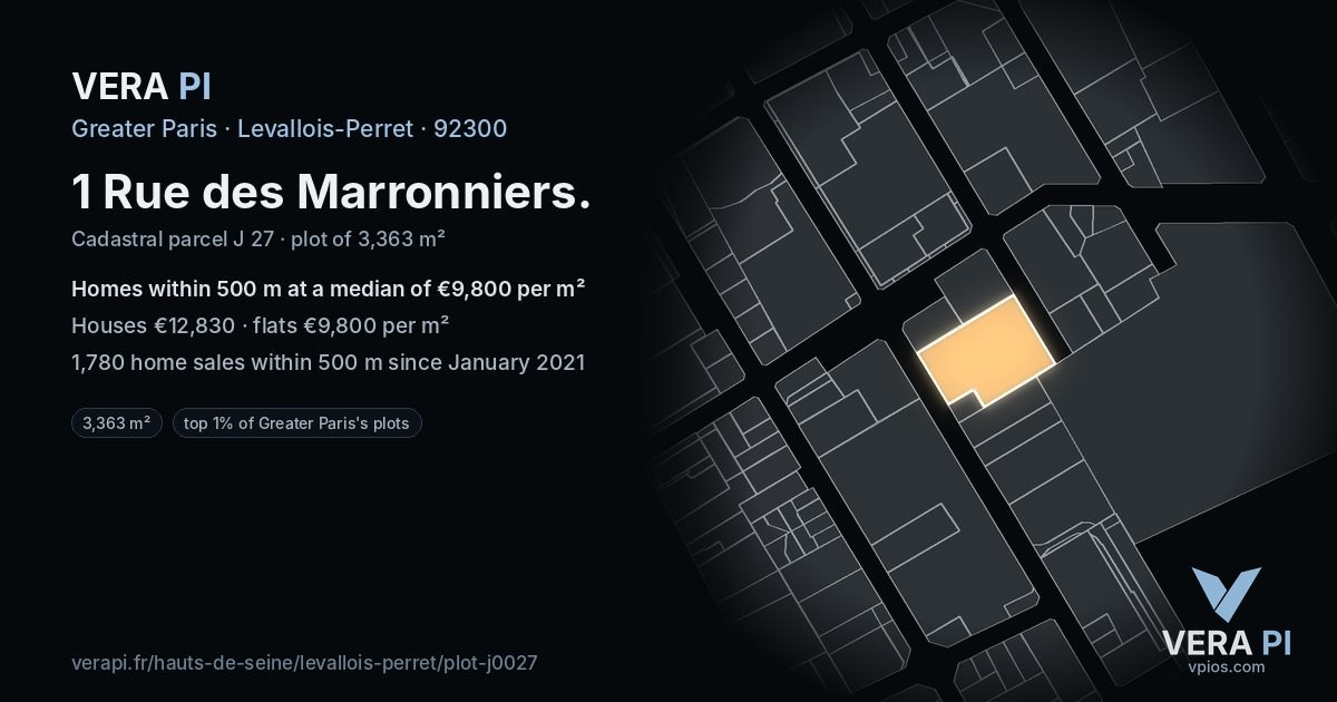1 Rue des Marronniers, Levallois-Perret at night – the plot lit, the parcels around coloured by the prices near them