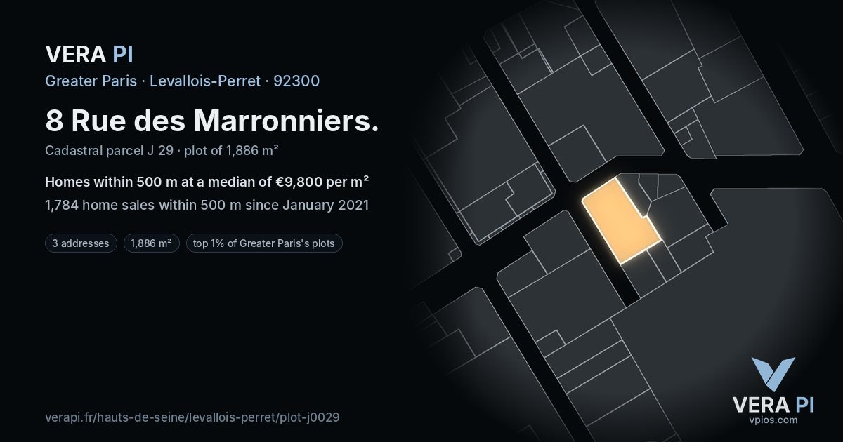 8 Rue des Marronniers, Levallois-Perret at night – the plot lit, the parcels around coloured by the prices near them