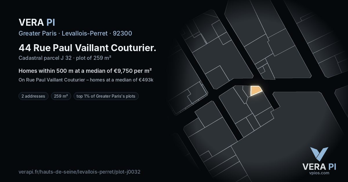 44 Rue Paul Vaillant Couturier, Levallois-Perret at night – the plot lit, the parcels around coloured by the prices near them