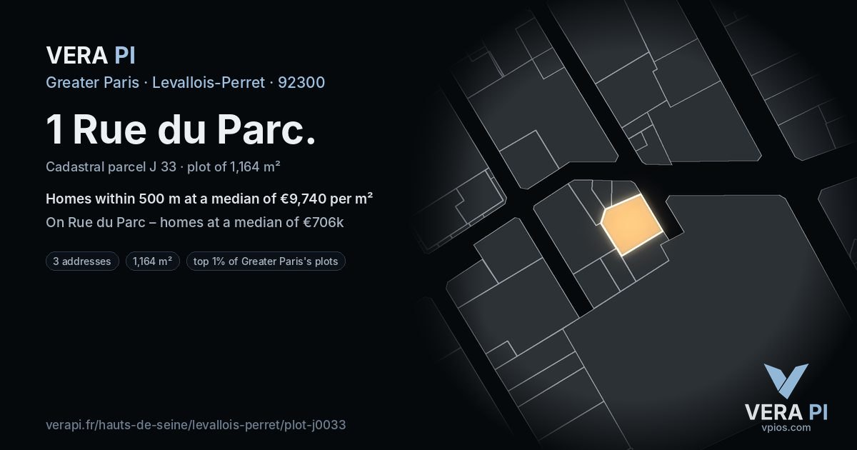 1 Rue du Parc, Levallois-Perret at night – the plot lit, the parcels around coloured by the prices near them