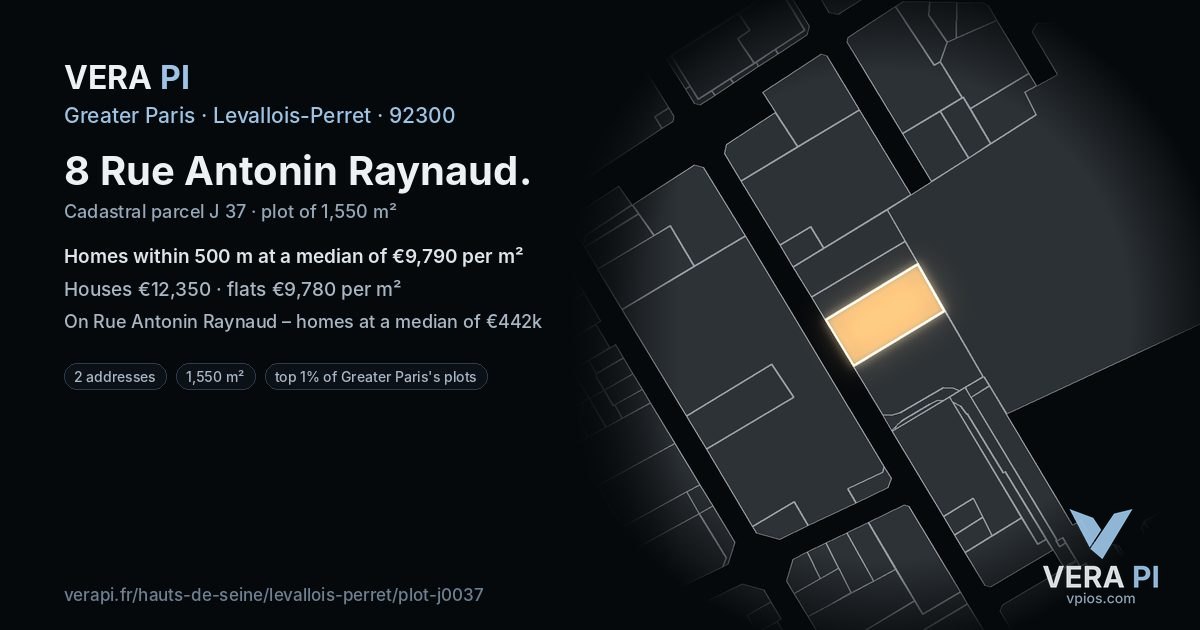 8 Rue Antonin Raynaud, Levallois-Perret at night – the plot lit, the parcels around coloured by the prices near them