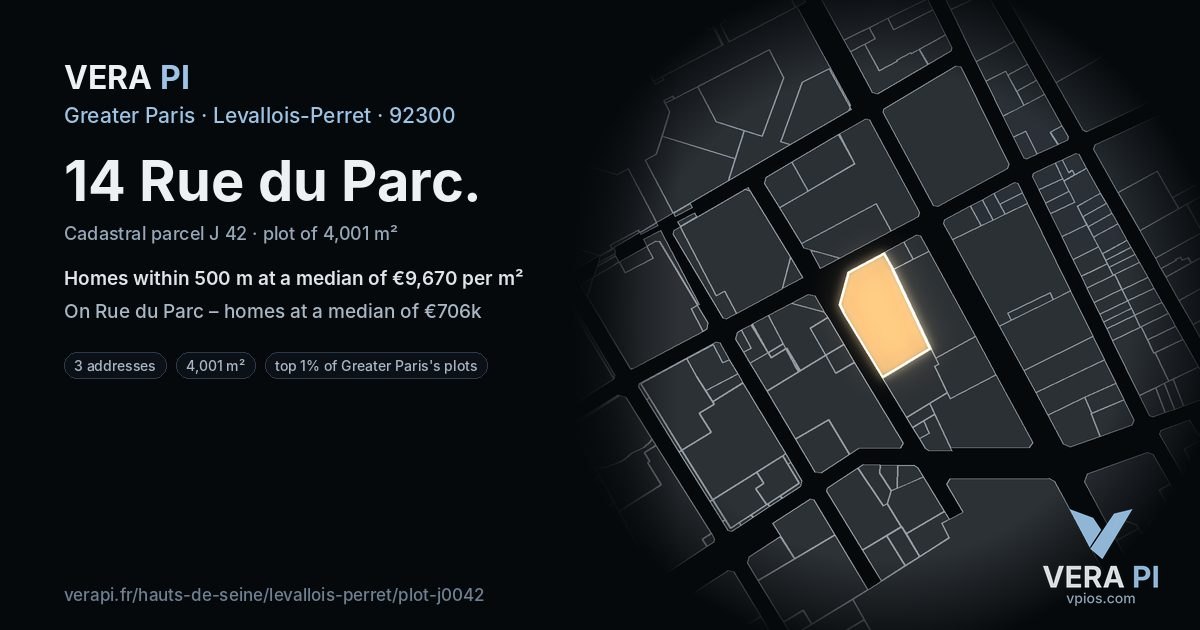 14 Rue du Parc, Levallois-Perret at night – the plot lit, the parcels around coloured by the prices near them