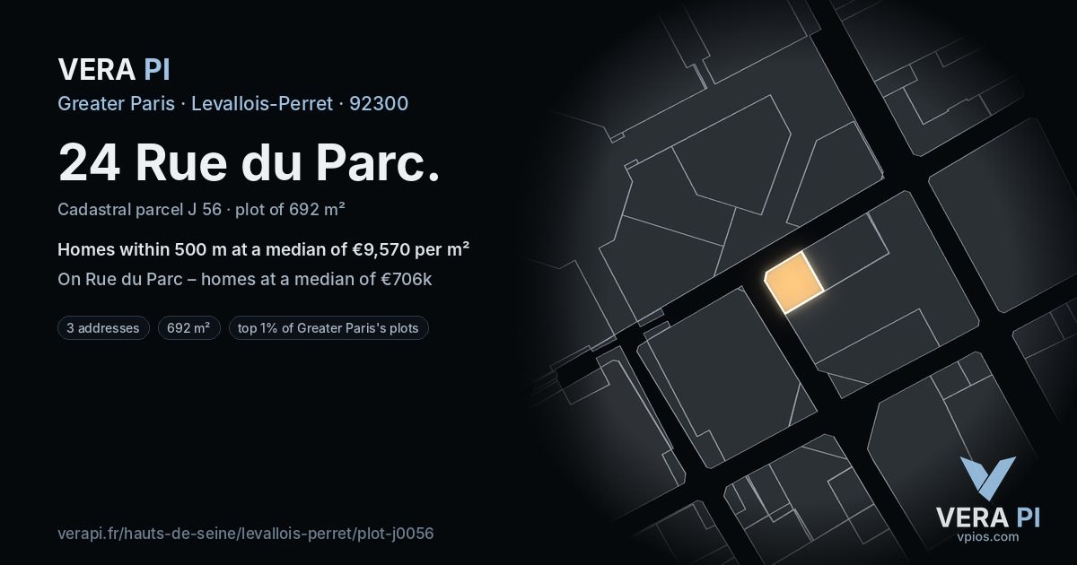 24 Rue du Parc, Levallois-Perret at night – the plot lit, the parcels around coloured by the prices near them