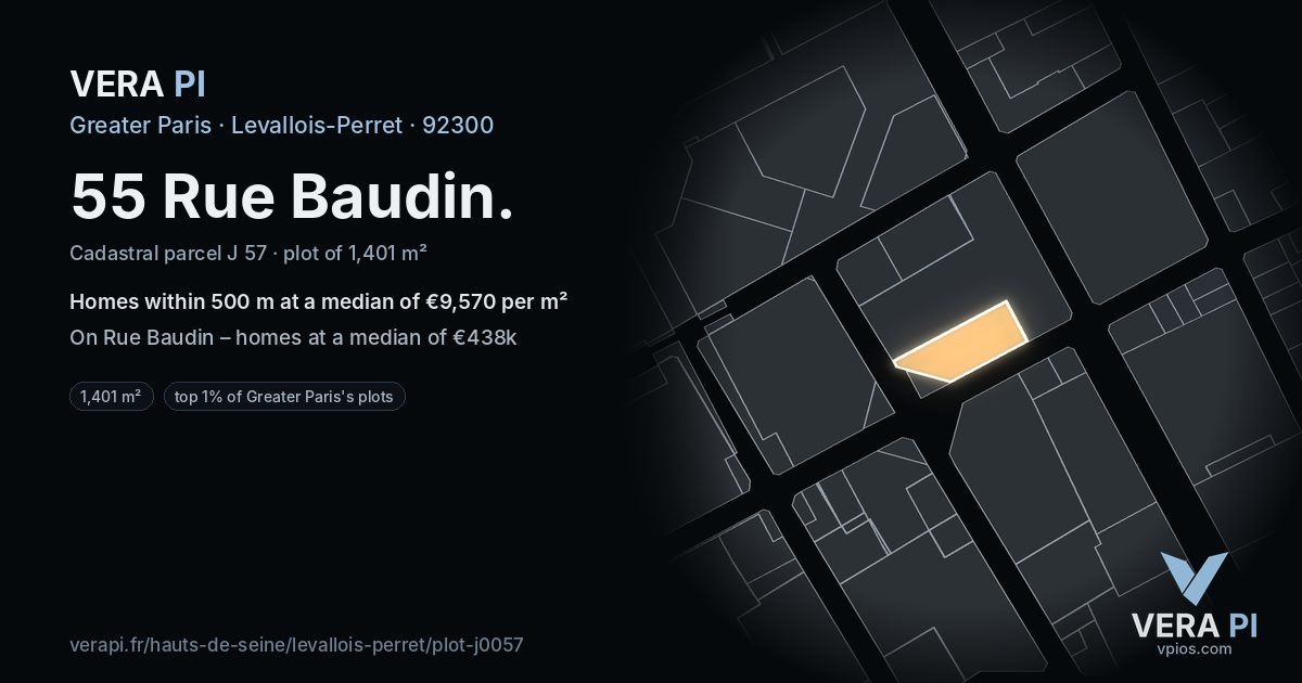 55 Rue Baudin, Levallois-Perret at night – the plot lit, the parcels around coloured by the prices near them