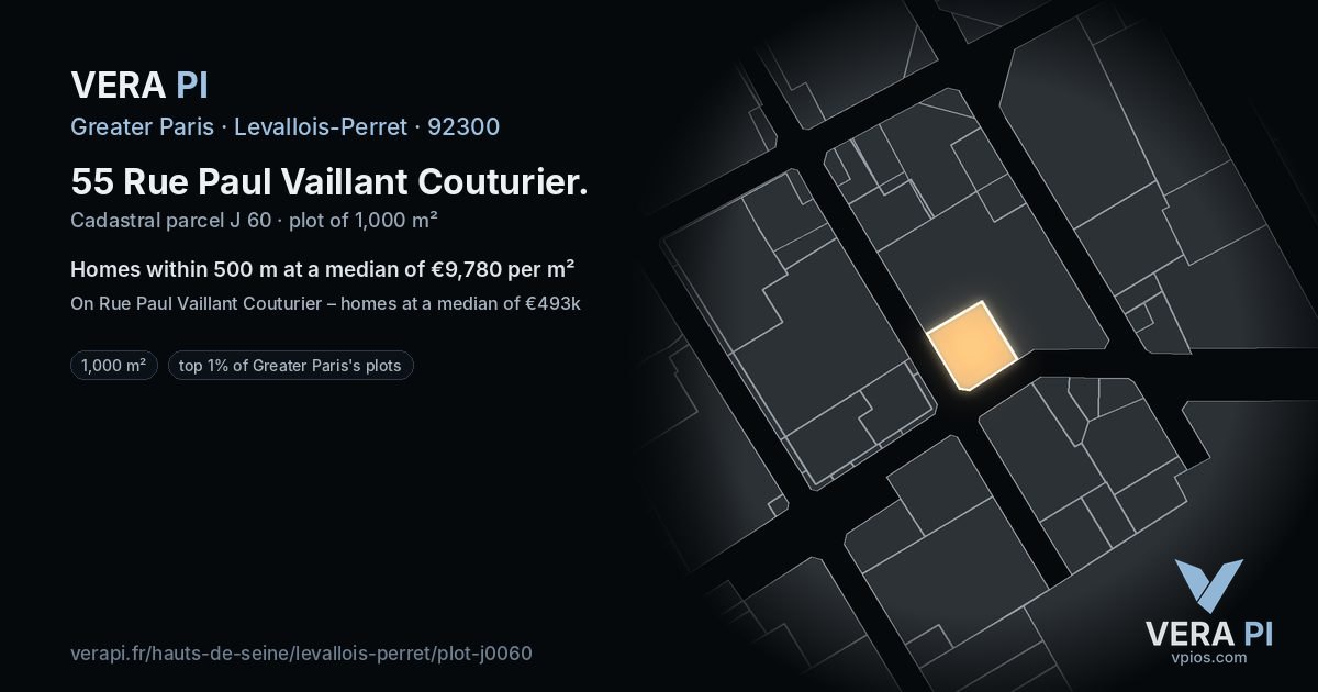 55 Rue Paul Vaillant Couturier, Levallois-Perret at night – the plot lit, the parcels around coloured by the prices near them