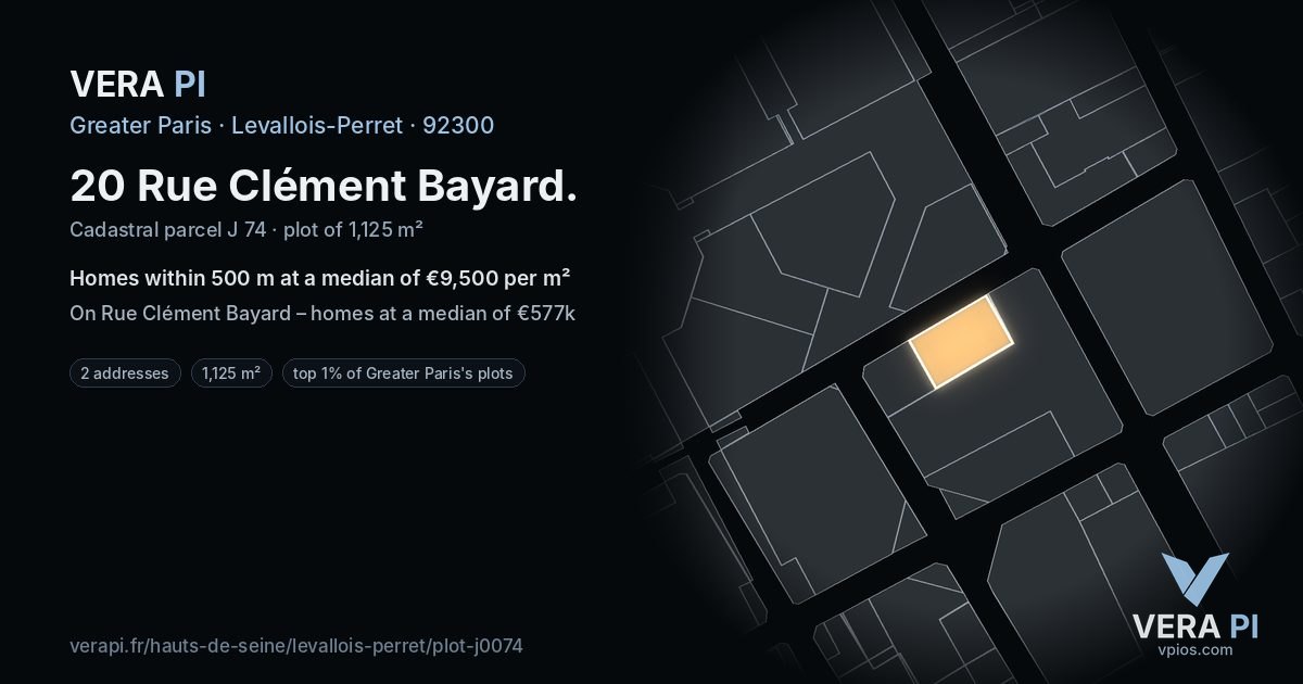 20 Rue Clément Bayard, Levallois-Perret at night – the plot lit, the parcels around coloured by the prices near them