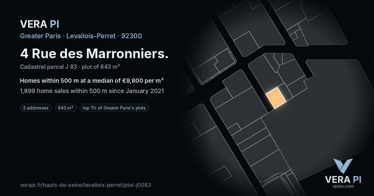 4 Rue des Marronniers, Levallois-Perret at night – the plot lit, the parcels around coloured by the prices near them