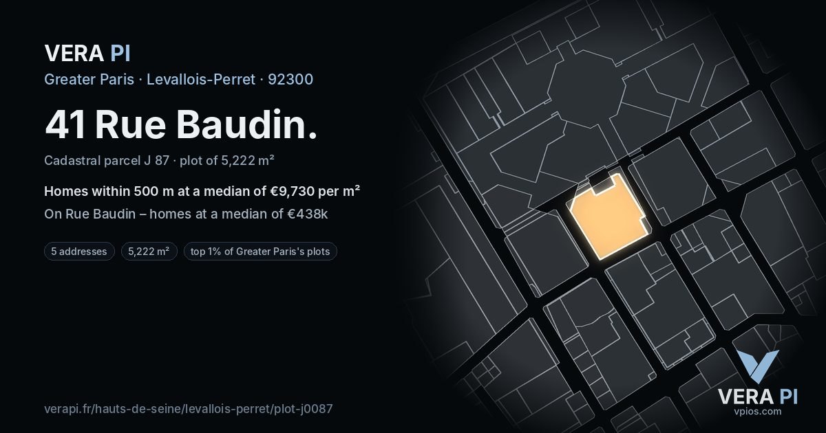 41 Rue Baudin, Levallois-Perret at night – the plot lit, the parcels around coloured by the prices near them