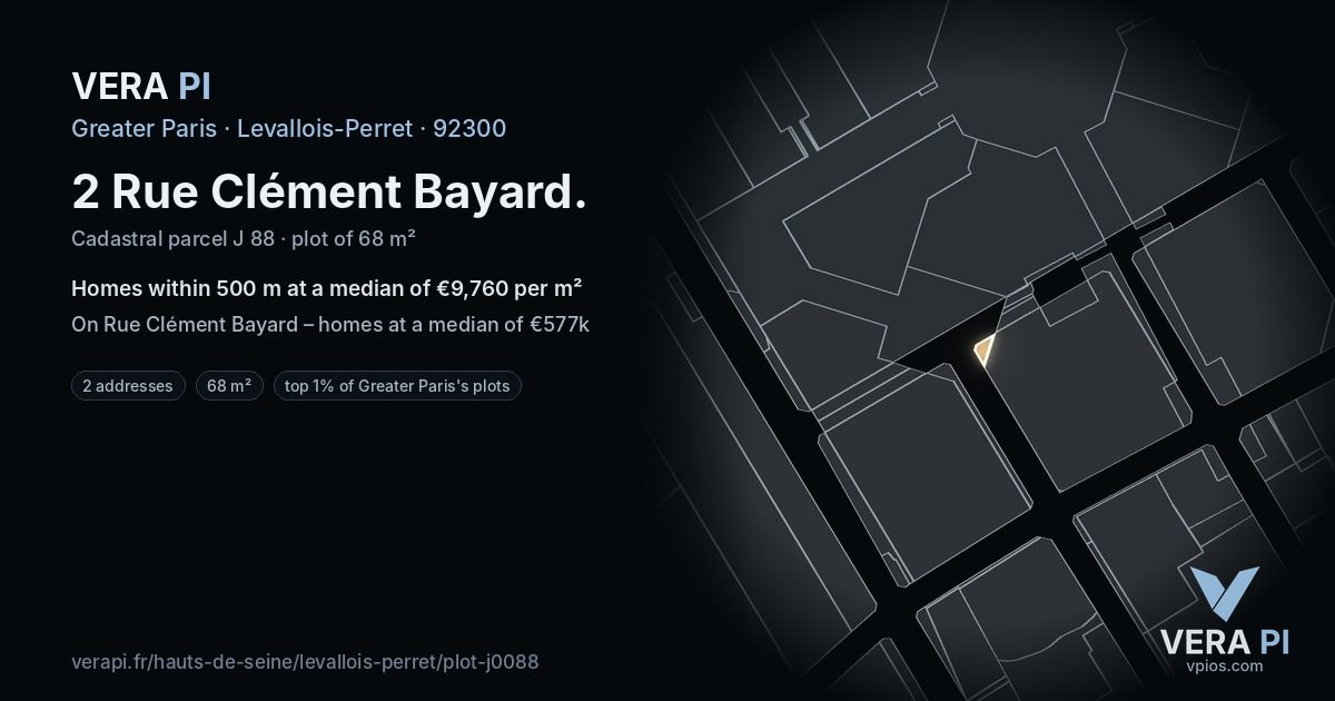 2 Rue Clément Bayard, Levallois-Perret at night – the plot lit, the parcels around coloured by the prices near them