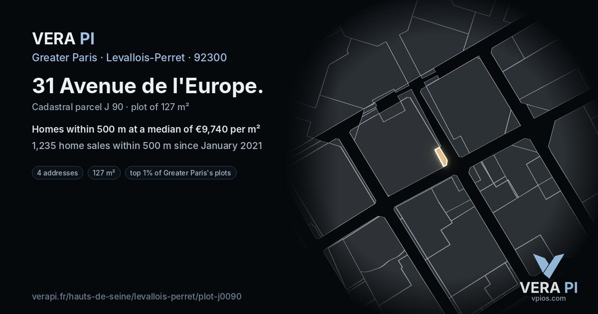 31 Avenue de l'Europe, Levallois-Perret at night – the plot lit, the parcels around coloured by the prices near them