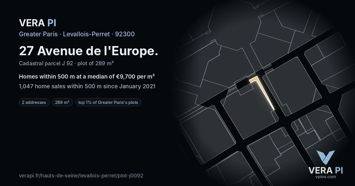 27 Avenue de l'Europe, Levallois-Perret at night – the plot lit, the parcels around coloured by the prices near them
