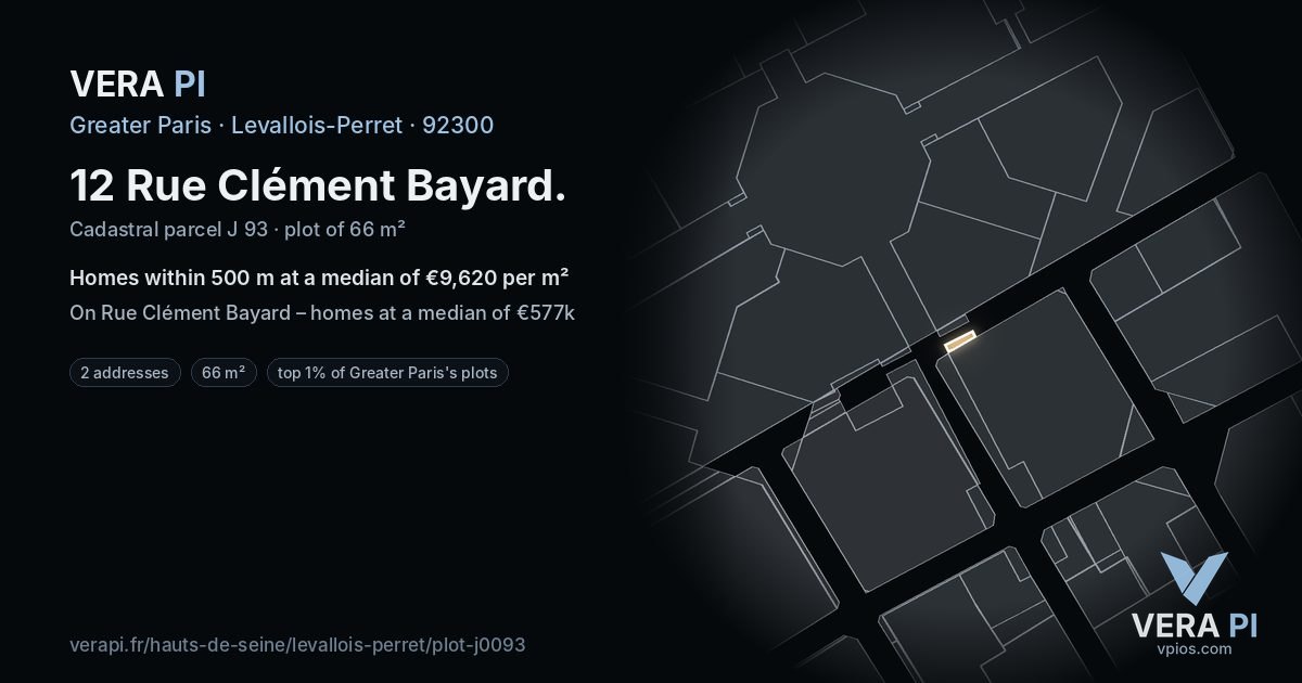 12 Rue Clément Bayard, Levallois-Perret at night – the plot lit, the parcels around coloured by the prices near them