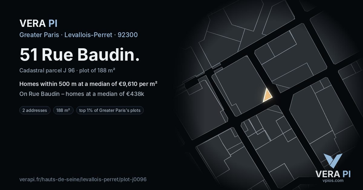 51 Rue Baudin, Levallois-Perret at night – the plot lit, the parcels around coloured by the prices near them