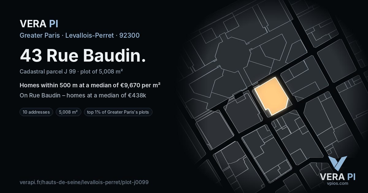 43 Rue Baudin, Levallois-Perret at night – the plot lit, the parcels around coloured by the prices near them