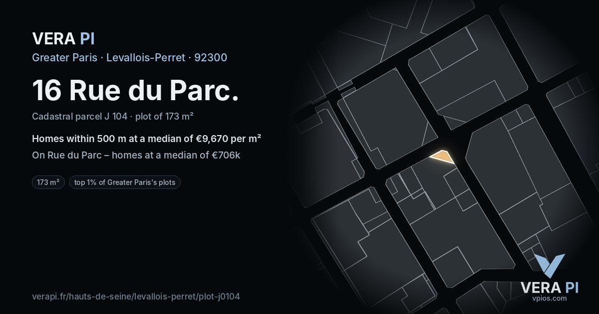 16 Rue du Parc, Levallois-Perret at night – the plot lit, the parcels around coloured by the prices near them