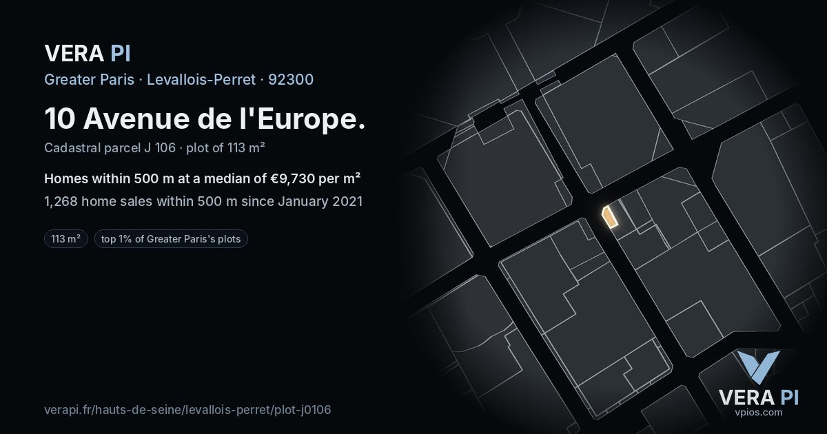 10 Avenue de l'Europe, Levallois-Perret at night – the plot lit, the parcels around coloured by the prices near them