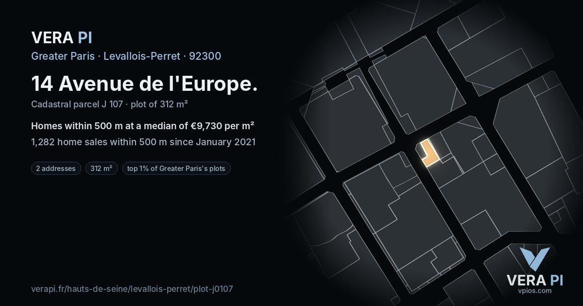 14 Avenue de l'Europe, Levallois-Perret at night – the plot lit, the parcels around coloured by the prices near them