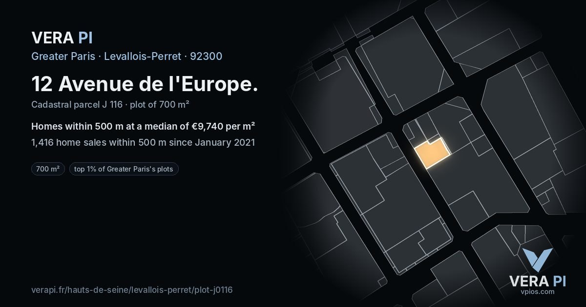12 Avenue de l'Europe, Levallois-Perret at night – the plot lit, the parcels around coloured by the prices near them