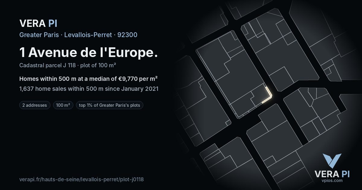 1 Avenue de l'Europe, Levallois-Perret at night – the plot lit, the parcels around coloured by the prices near them