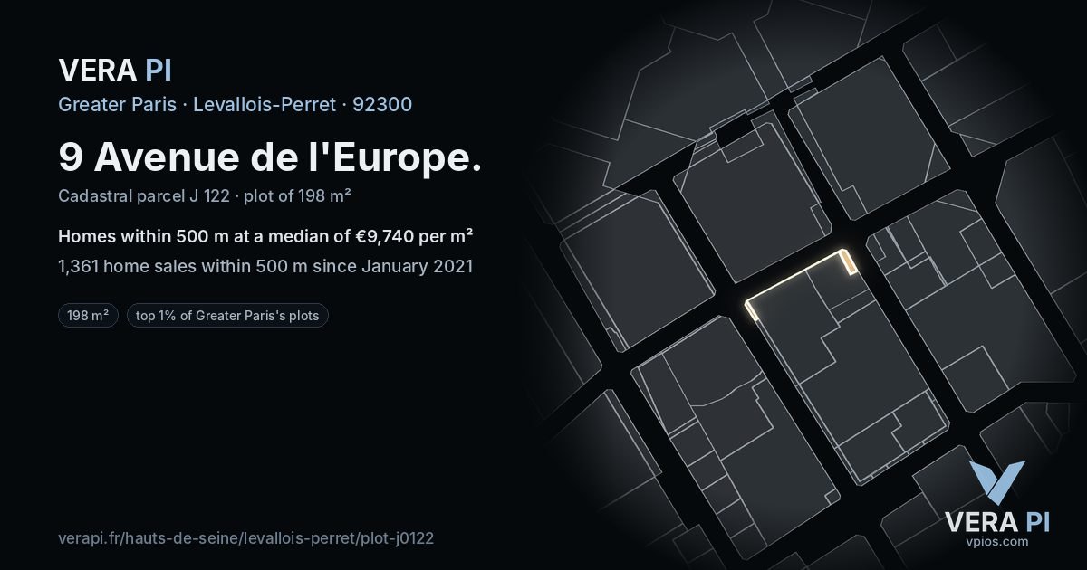 9 Avenue de l'Europe, Levallois-Perret at night – the plot lit, the parcels around coloured by the prices near them