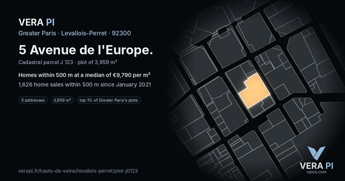 5 Avenue de l'Europe, Levallois-Perret at night – the plot lit, the parcels around coloured by the prices near them