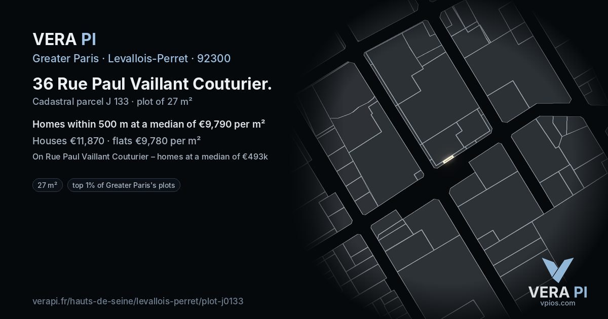 36 Rue Paul Vaillant Couturier, Levallois-Perret at night – the plot lit, the parcels around coloured by the prices near them