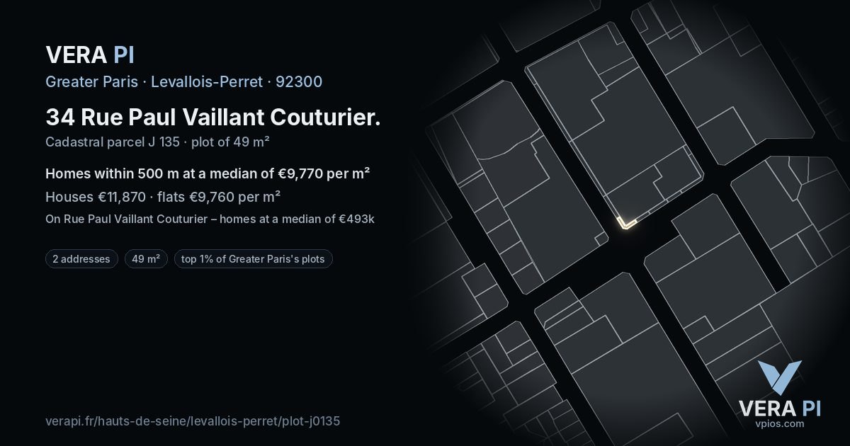 34 Rue Paul Vaillant Couturier, Levallois-Perret at night – the plot lit, the parcels around coloured by the prices near them