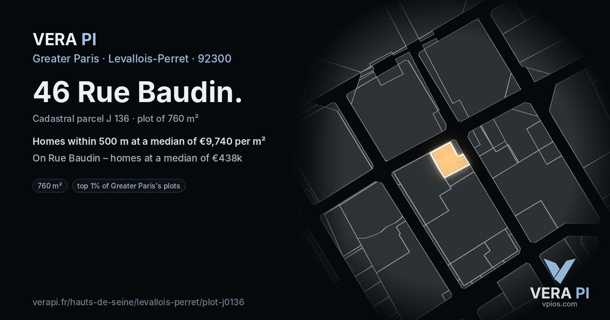 46 Rue Baudin, Levallois-Perret at night – the plot lit, the parcels around coloured by the prices near them