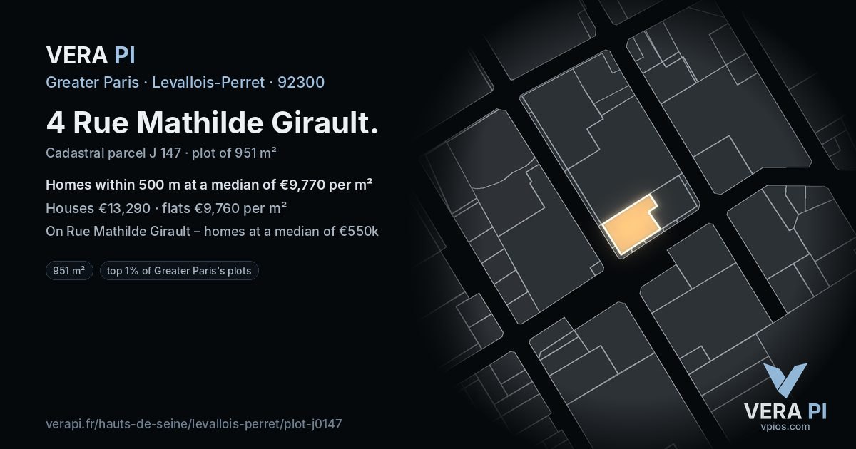 4 Rue Mathilde Girault, Levallois-Perret at night – the plot lit, the parcels around coloured by the prices near them