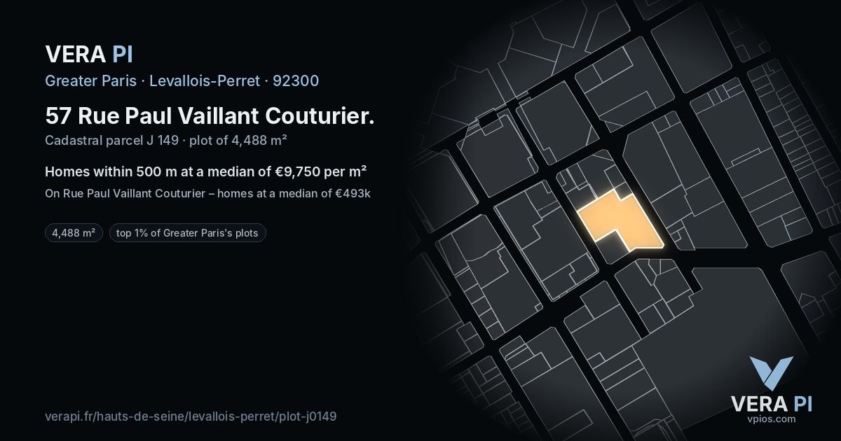57 Rue Paul Vaillant Couturier, Levallois-Perret at night – the plot lit, the parcels around coloured by the prices near them