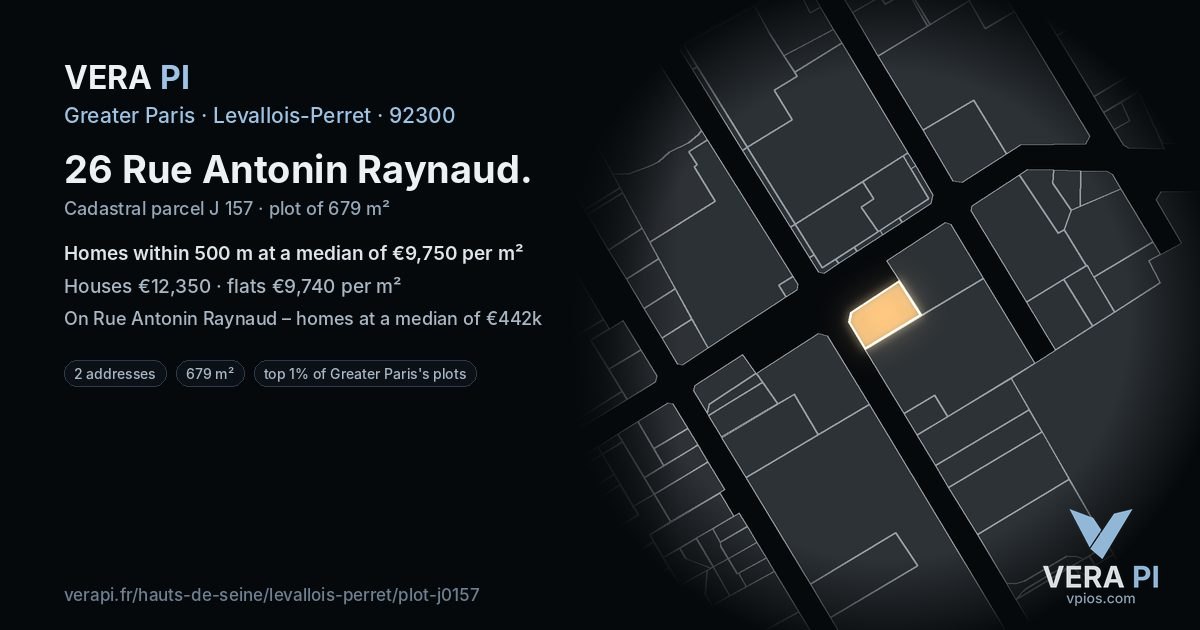26 Rue Antonin Raynaud, Levallois-Perret at night – the plot lit, the parcels around coloured by the prices near them