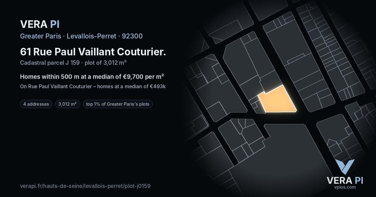 61 Rue Paul Vaillant Couturier, Levallois-Perret at night – the plot lit, the parcels around coloured by the prices near them
