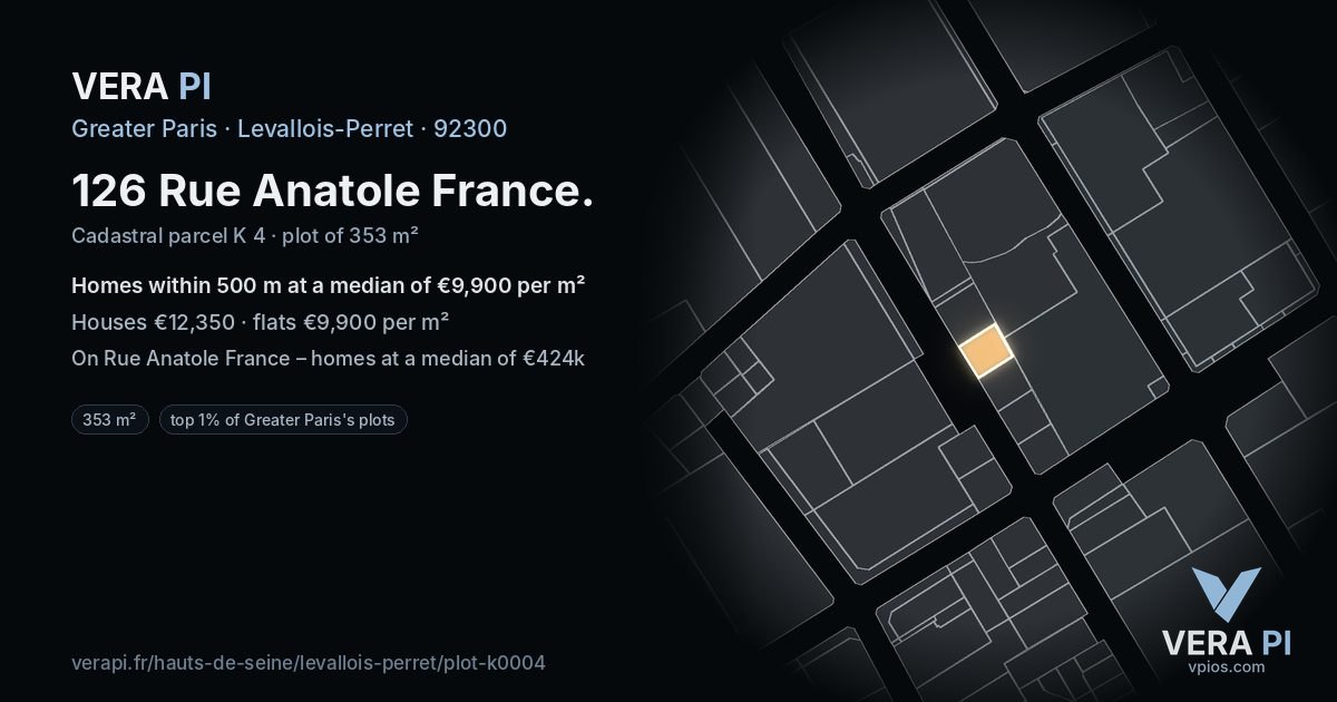 126 Rue Anatole France, Levallois-Perret at night – the plot lit, the parcels around coloured by the prices near them