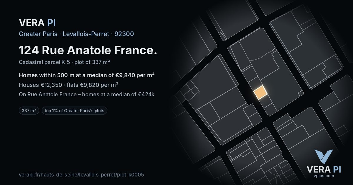 124 Rue Anatole France, Levallois-Perret at night – the plot lit, the parcels around coloured by the prices near them
