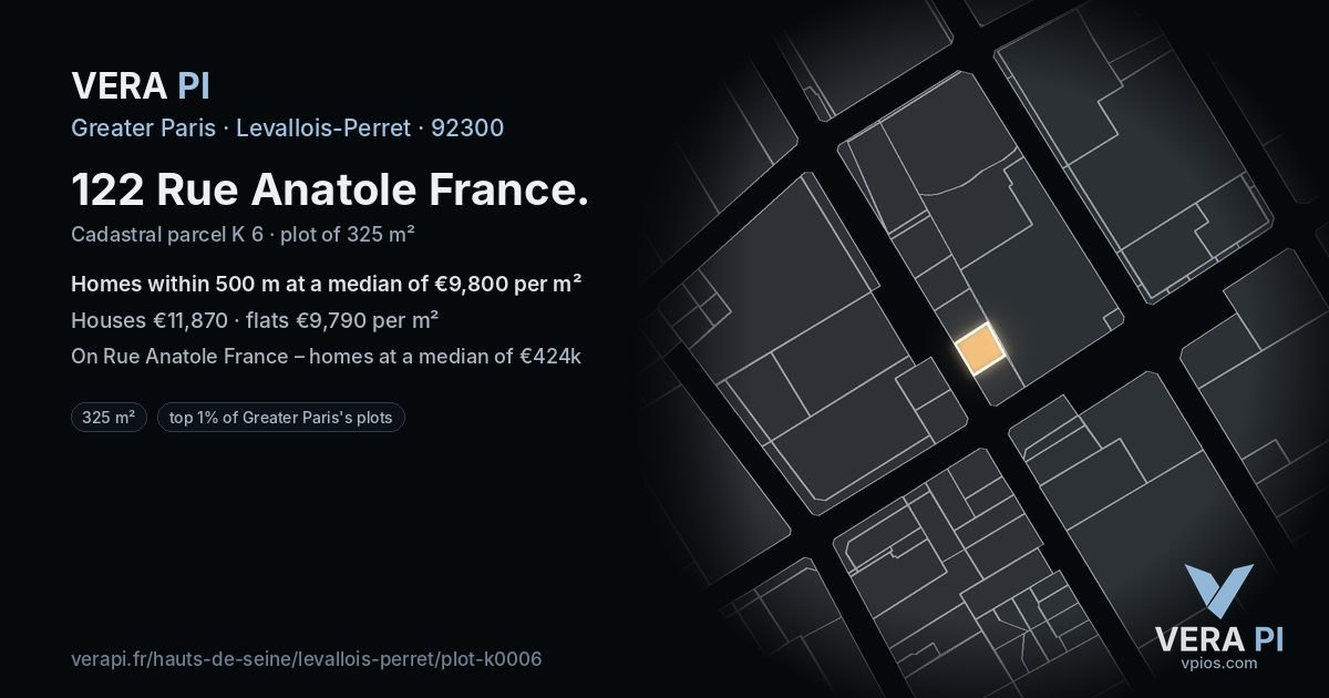 122 Rue Anatole France, Levallois-Perret at night – the plot lit, the parcels around coloured by the prices near them
