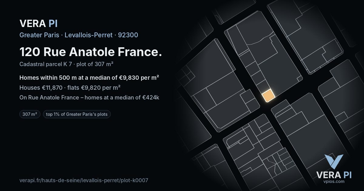 120 Rue Anatole France, Levallois-Perret at night – the plot lit, the parcels around coloured by the prices near them