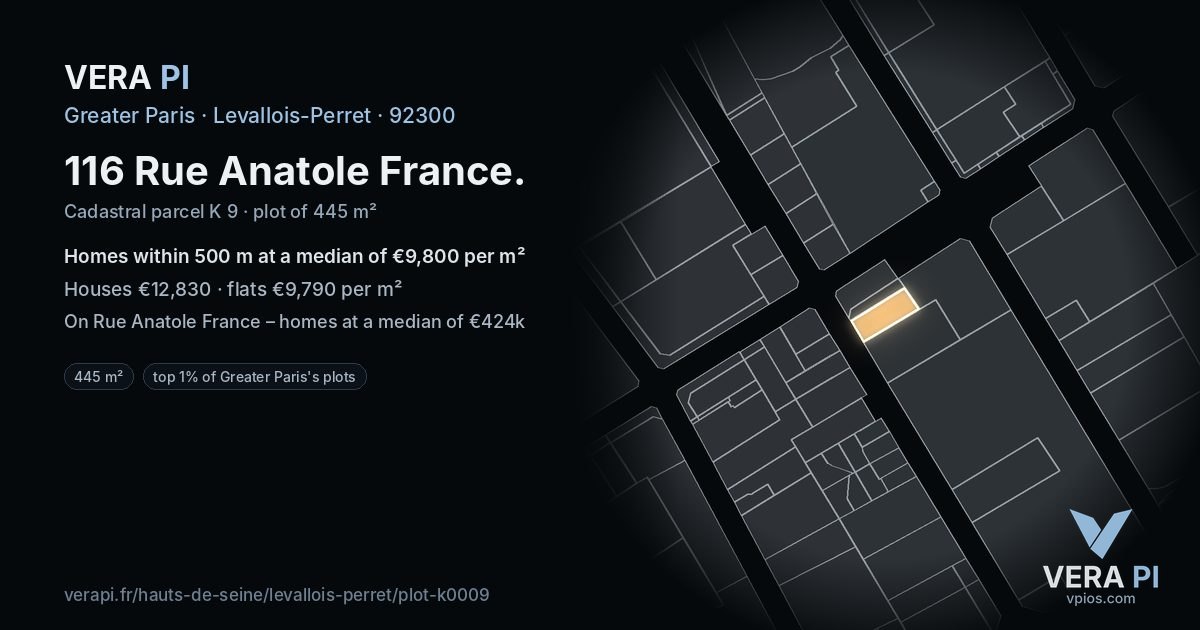 116 Rue Anatole France, Levallois-Perret at night – the plot lit, the parcels around coloured by the prices near them