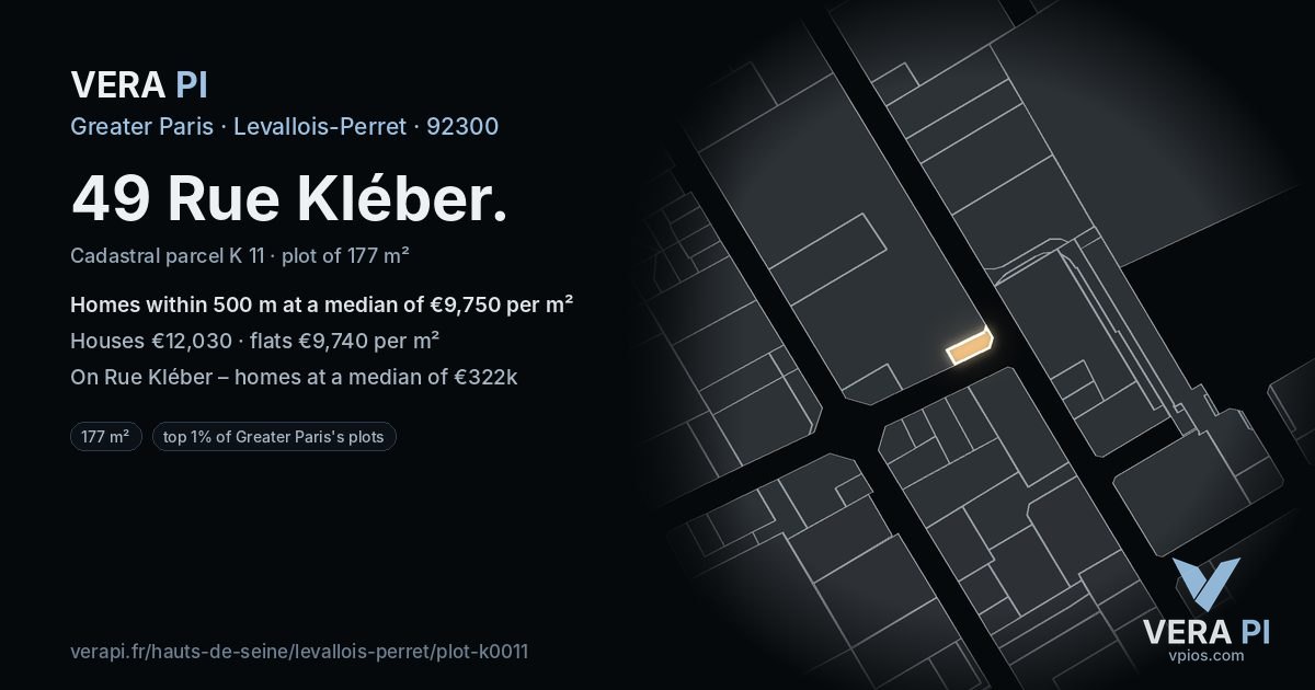 49 Rue Kléber, Levallois-Perret at night – the plot lit, the parcels around coloured by the prices near them