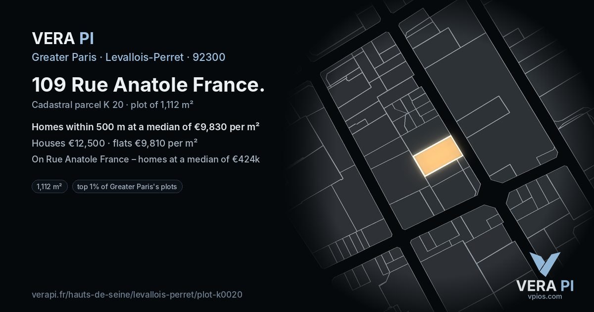 109 Rue Anatole France, Levallois-Perret at night – the plot lit, the parcels around coloured by the prices near them