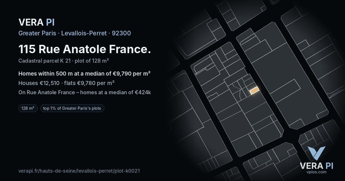 115 Rue Anatole France, Levallois-Perret at night – the plot lit, the parcels around coloured by the prices near them